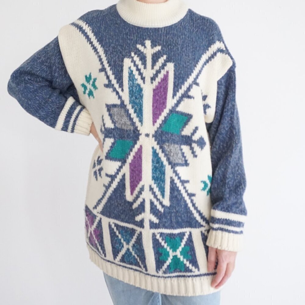 Vintage Gina Peters Snowflake Knit Blue Cream 80s Ski Lodge Cabin Ski Sweater M